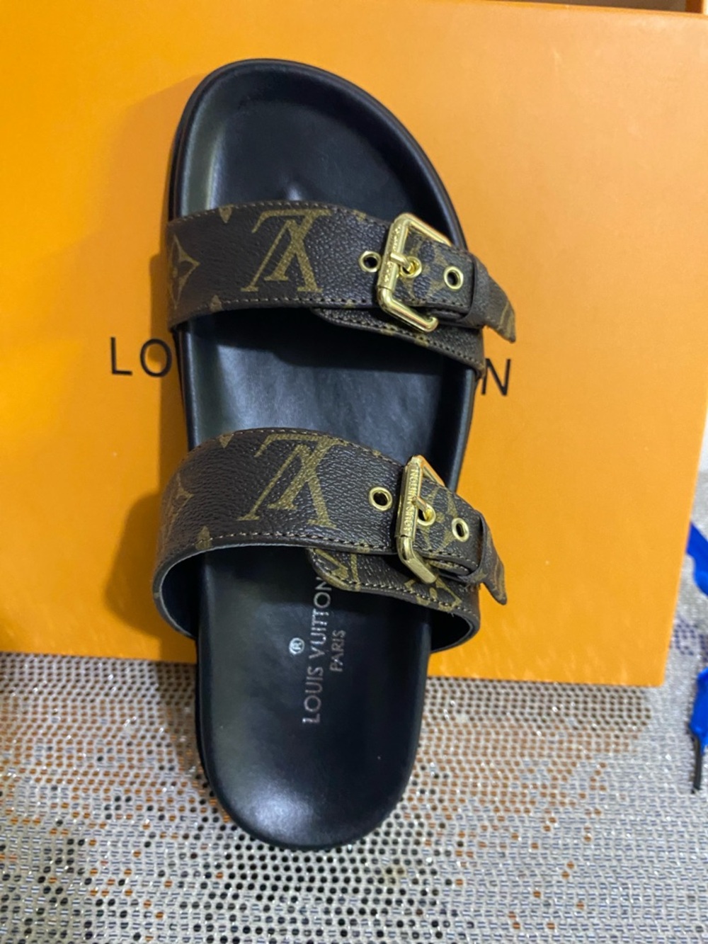 Louis Vuitton Brown Monogram Dual Buckle Slide Sandal with Black Footbed - Picture 2 of 7